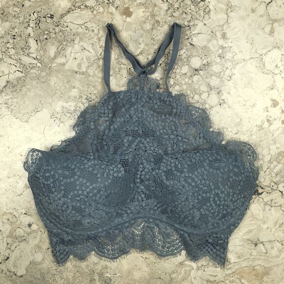 PINK Victoria’s Secret Eyelash Lace High Neck Racerback Push Up Bralette Blue - Picture 4 of 16
